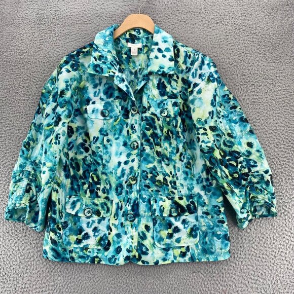 Chicos Jacket Womens 1 US Medium Blue Multi Animal Print Button Up Collar Pocket - Picture 1 of 9